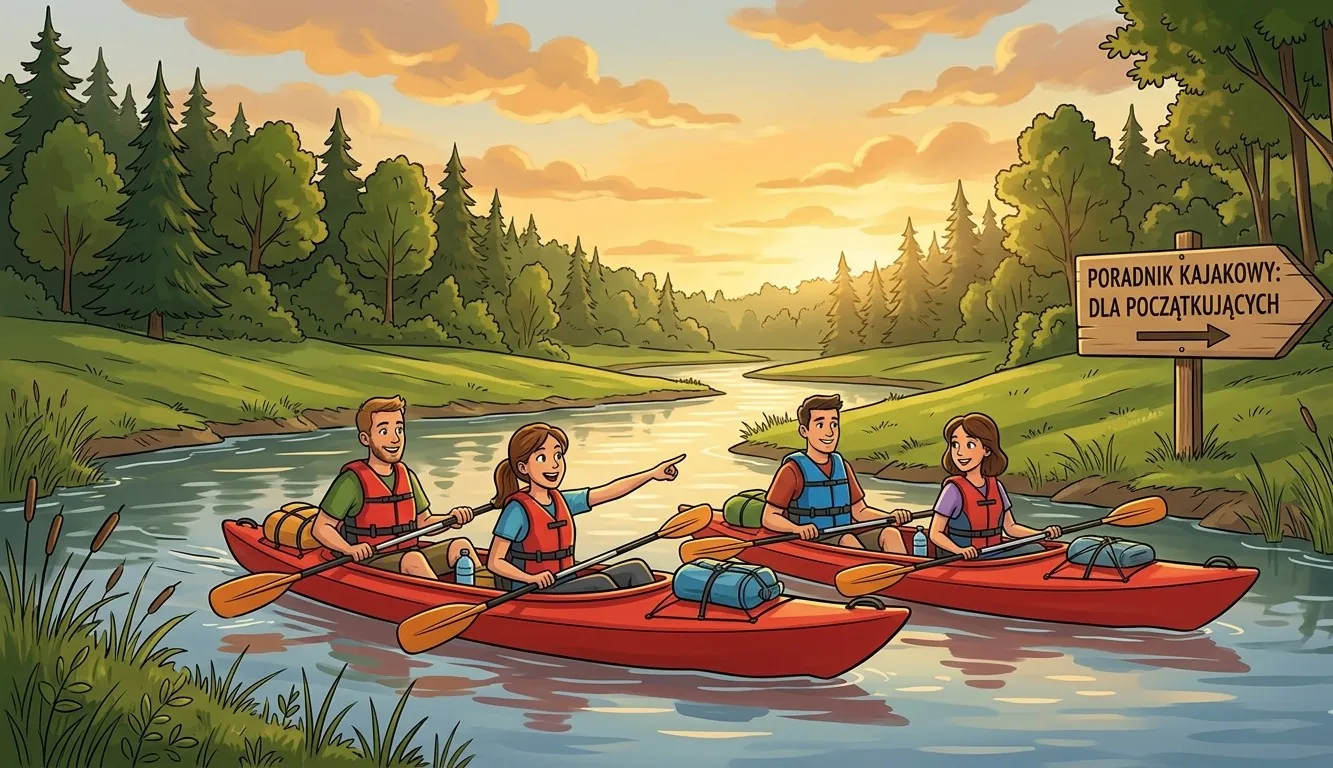 Kreskówkowa ilustracja przedstawiająca cztery uśmiechnięte osoby w dwóch czerwonych kajakach, płynące po rzece o zachodzie słońca. Na trawiastym brzegu po prawej stronie stoi kwadratowy, drewniany znak z wyraźnym napisem 'PORADNIK KAJAKOWY: DLA POCZĄTKUJĄCYCH'. W tle widać zielony las i pogodne, pomarańczowe niebo.
